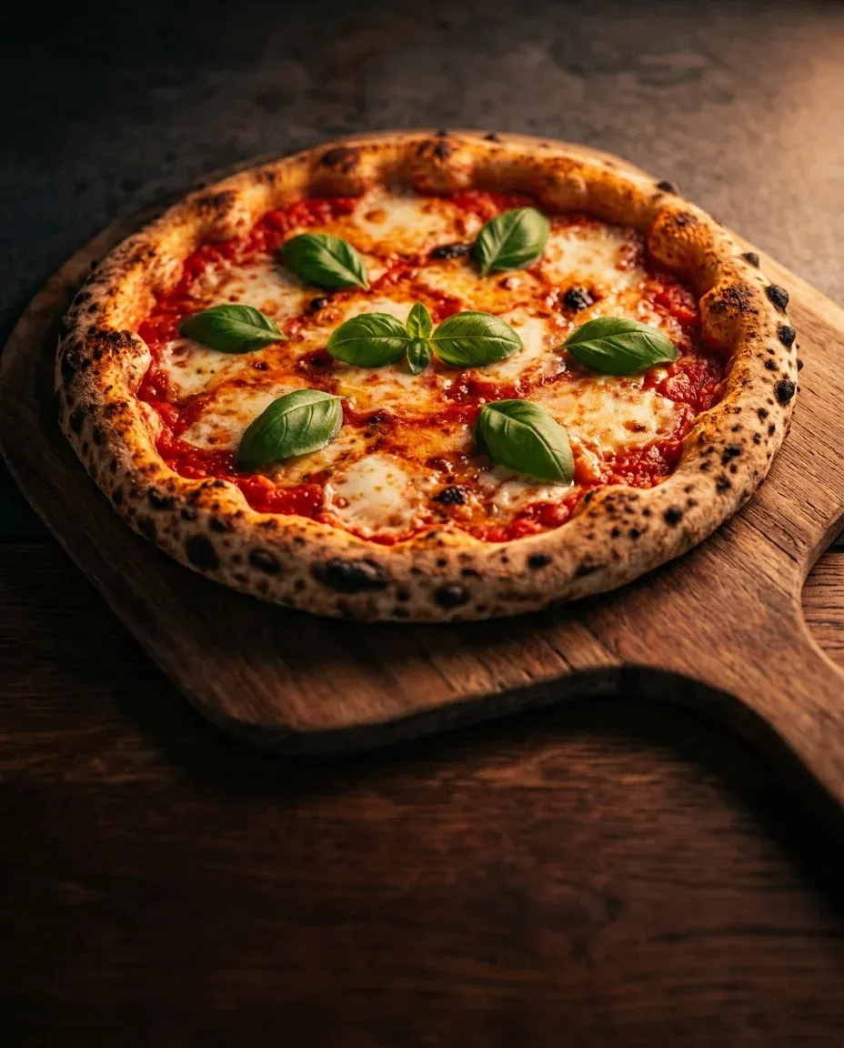 Pizzaiolo enfournant une pizza dans un four à bois