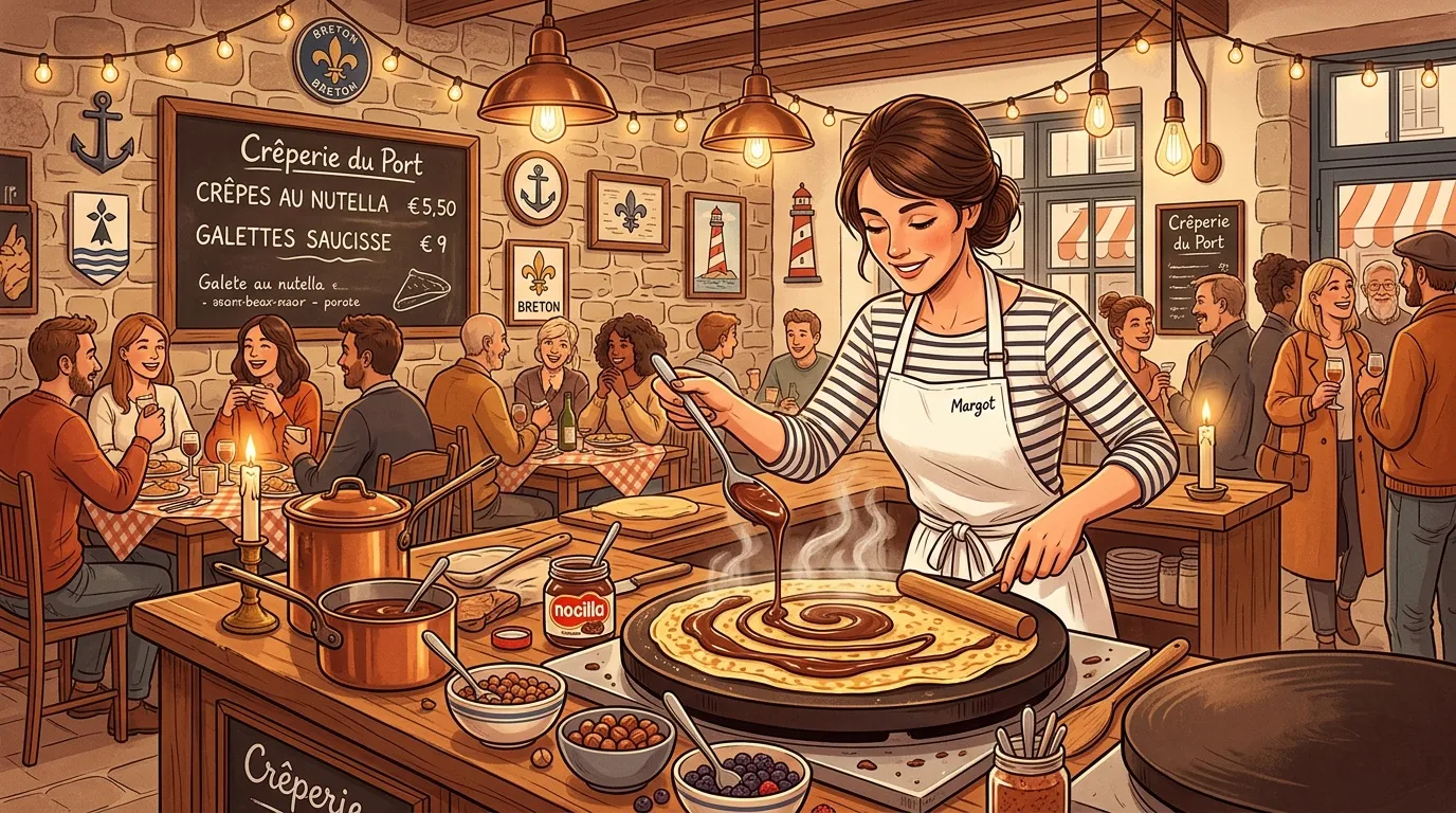 Femme préparant des crêpes dans une crêperie bretonne accueillante