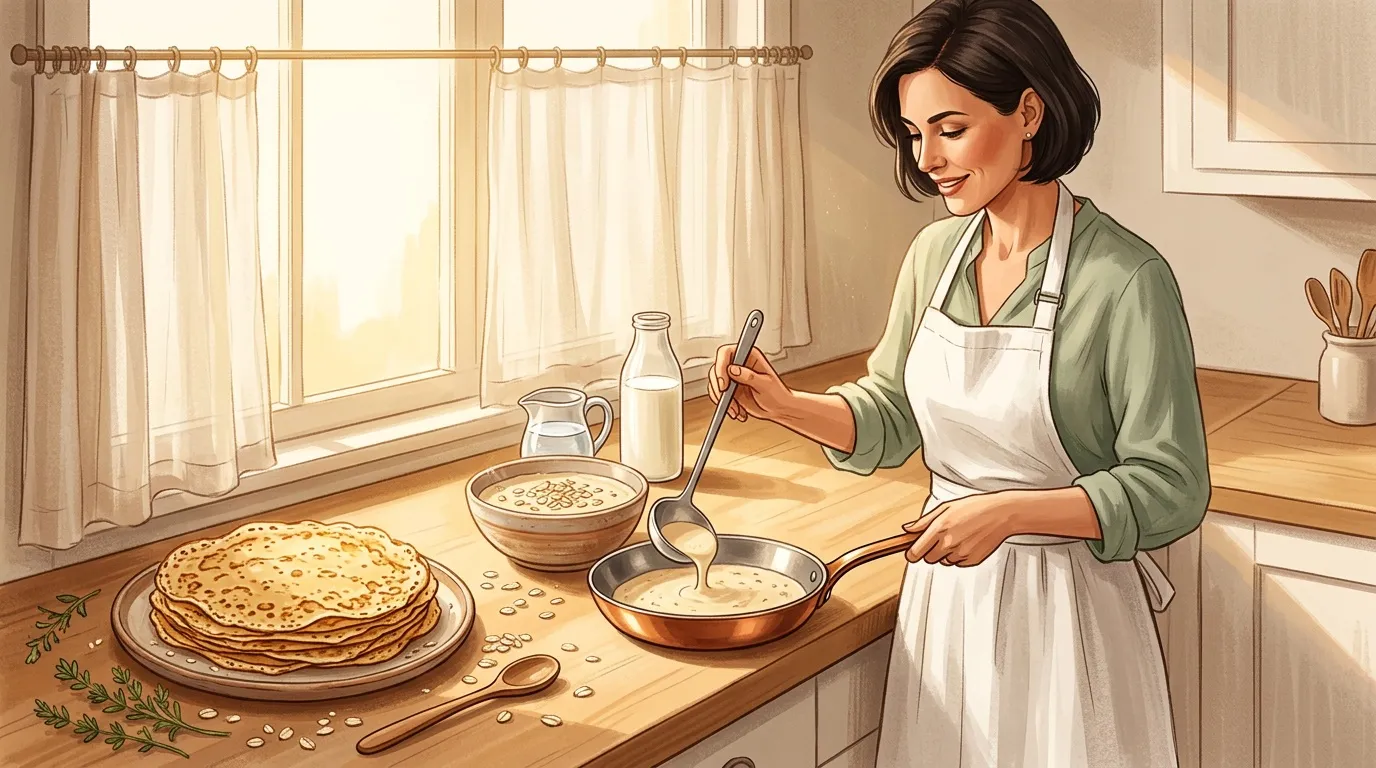 Femme cuisinant des crêpes dans une cuisine lumineuse