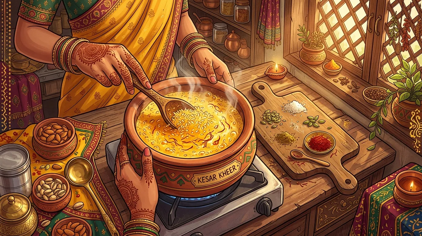 Femme en sari préparant un dessert indien dans une cuisine traditionnelle.
