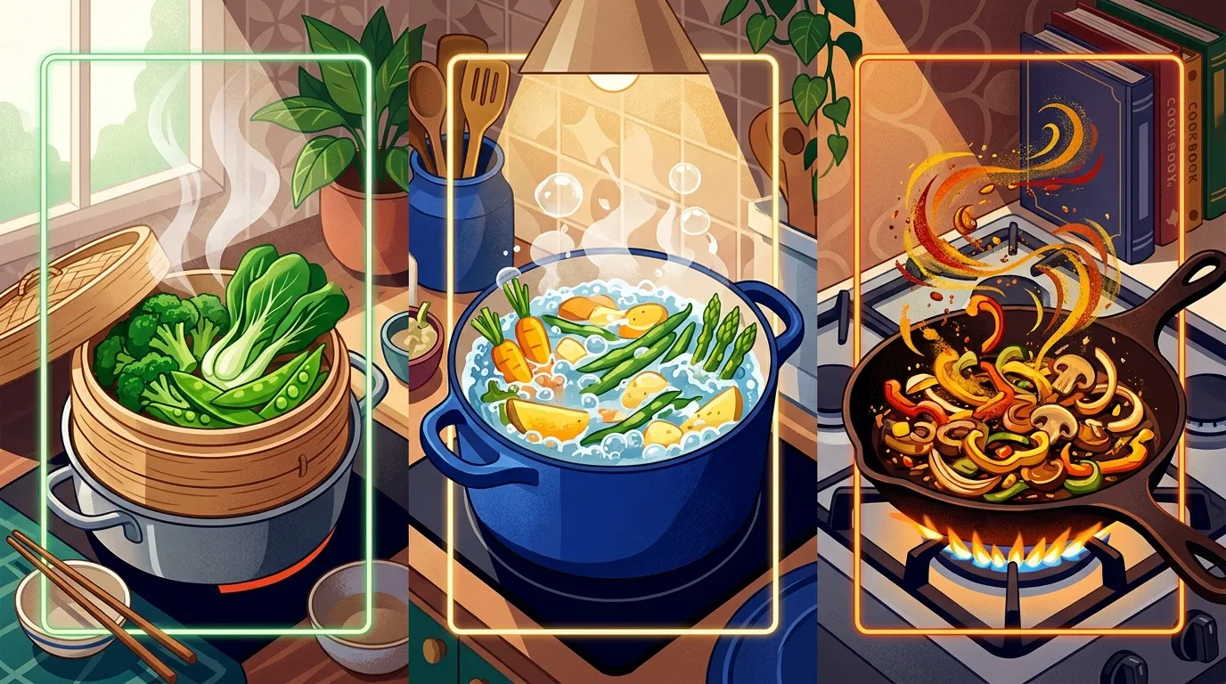 Trois cuisines: vapeur, bouillon et sauté à la poêle