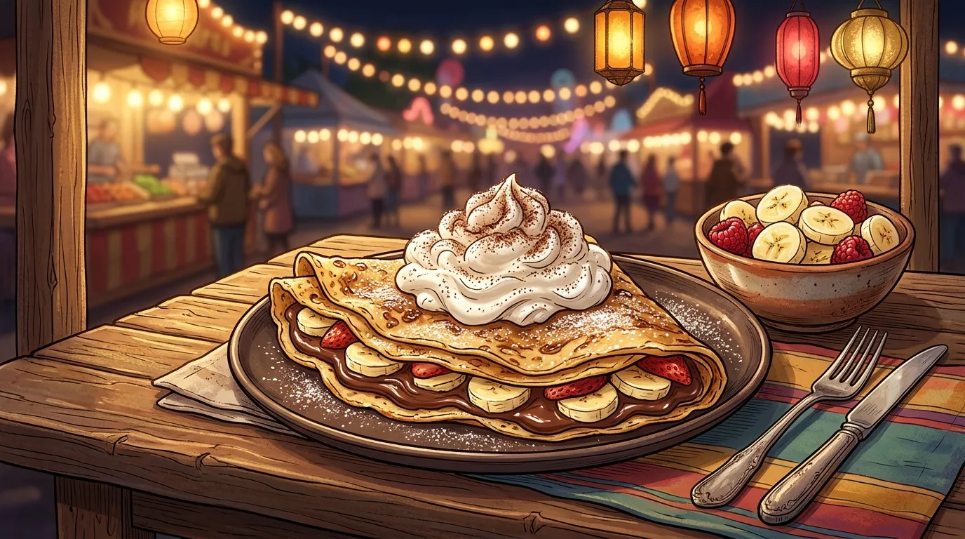 Crêpe garnie de chocolat, fruits et crème, sur table lumineuse