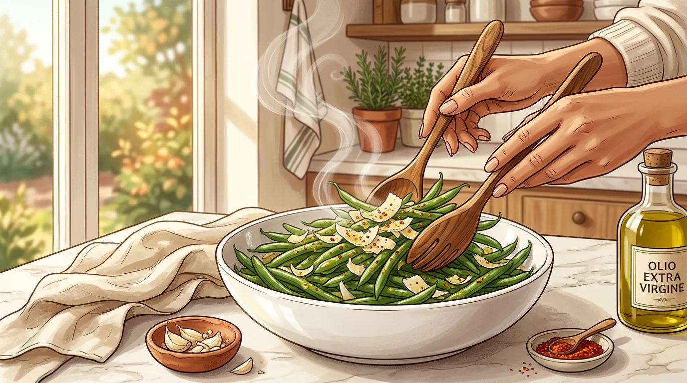 Mains mélangeant salade verte et ail dans un bol blanc
