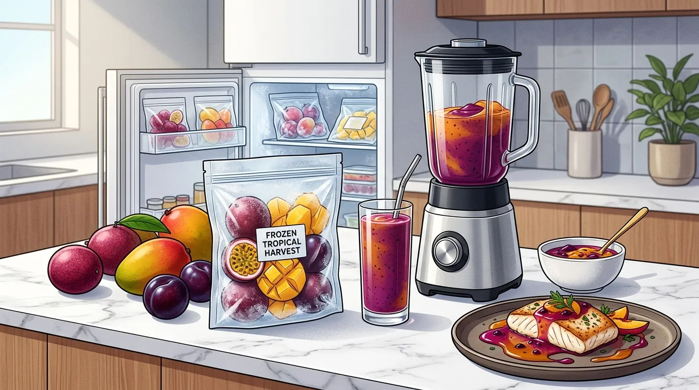 Cuisine moderne avec blender, fruits frais et r&eacute;colte tropicale congel&eacute;e