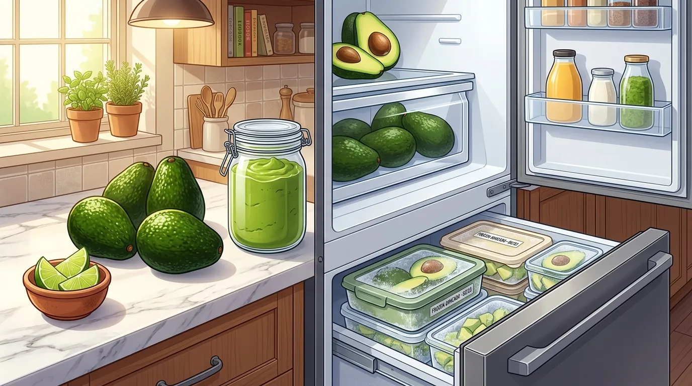 Avocats stockés sur comptoir et dans réfrigérateur organisé