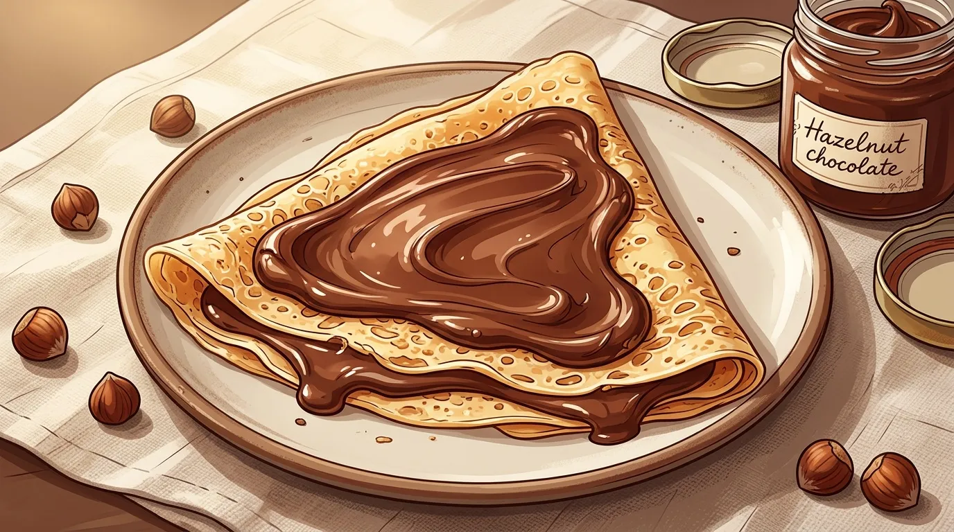 Crêpe garnie de chocolat avec noisettes et pot de pâte à tartiner