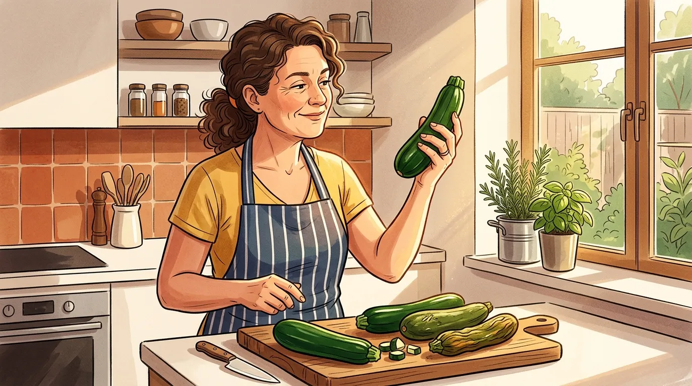 Femme cuisinant des courgettes dans une cuisine ensoleillée