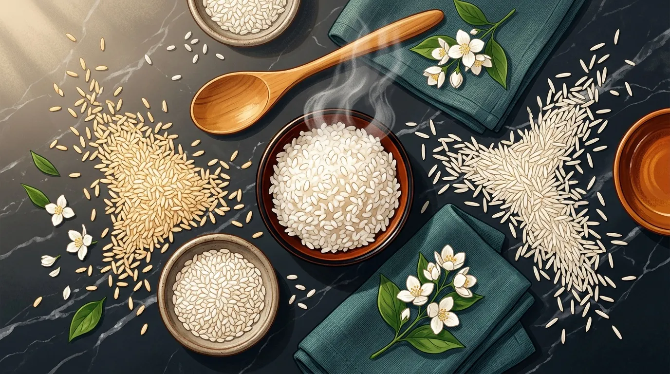 Trois bols de riz différents avec cuillère en bois et fleurs