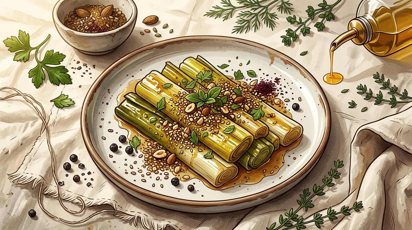 Assiette de poireaux grill&eacute;s garnis de graines et herbes fra&icirc;ches