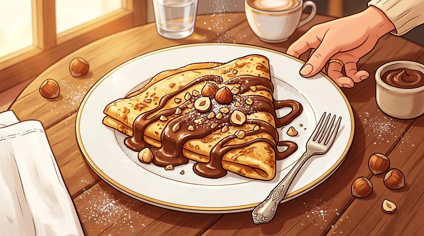 Assiette de cr&ecirc;pes garnies de chocolat et noisettes concass&eacute;es