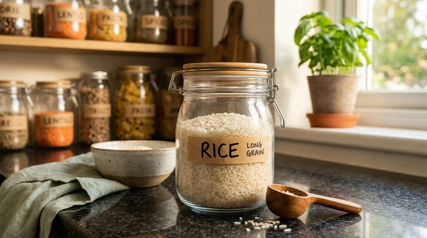 Bocal en verre de riz long grain dans une cuisine organisée
