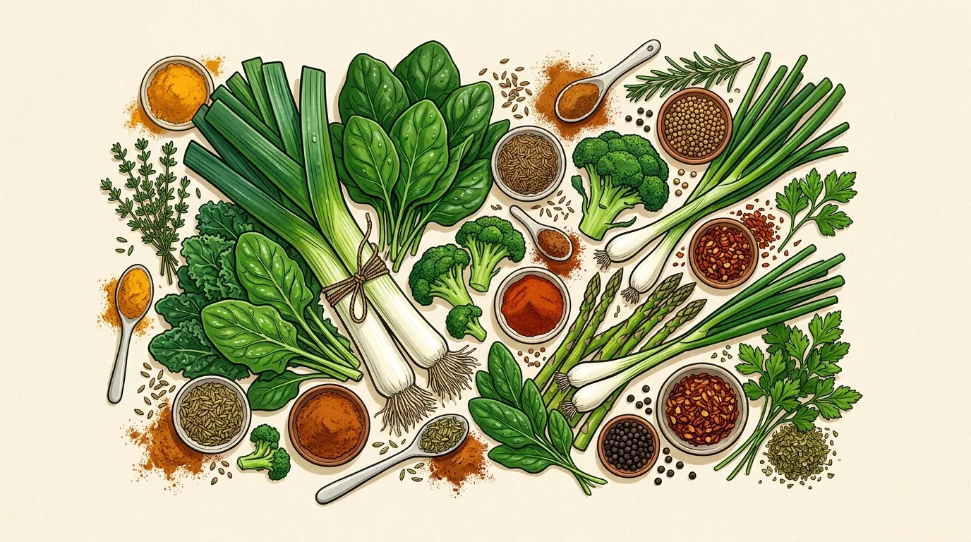 Légumes verts, herbes fraîches et épices en poudre sur fond blanc