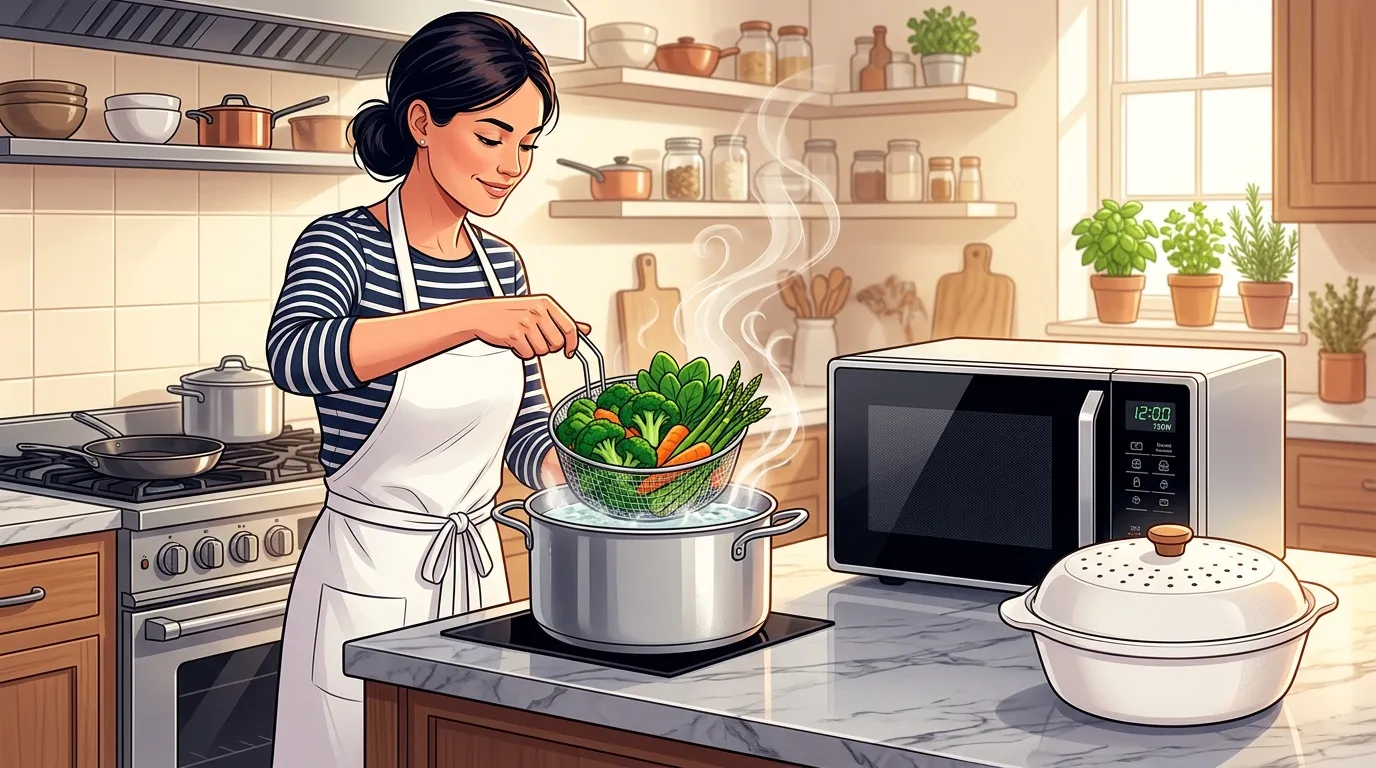 Femme versant des légumes dans une casserole en cuisine