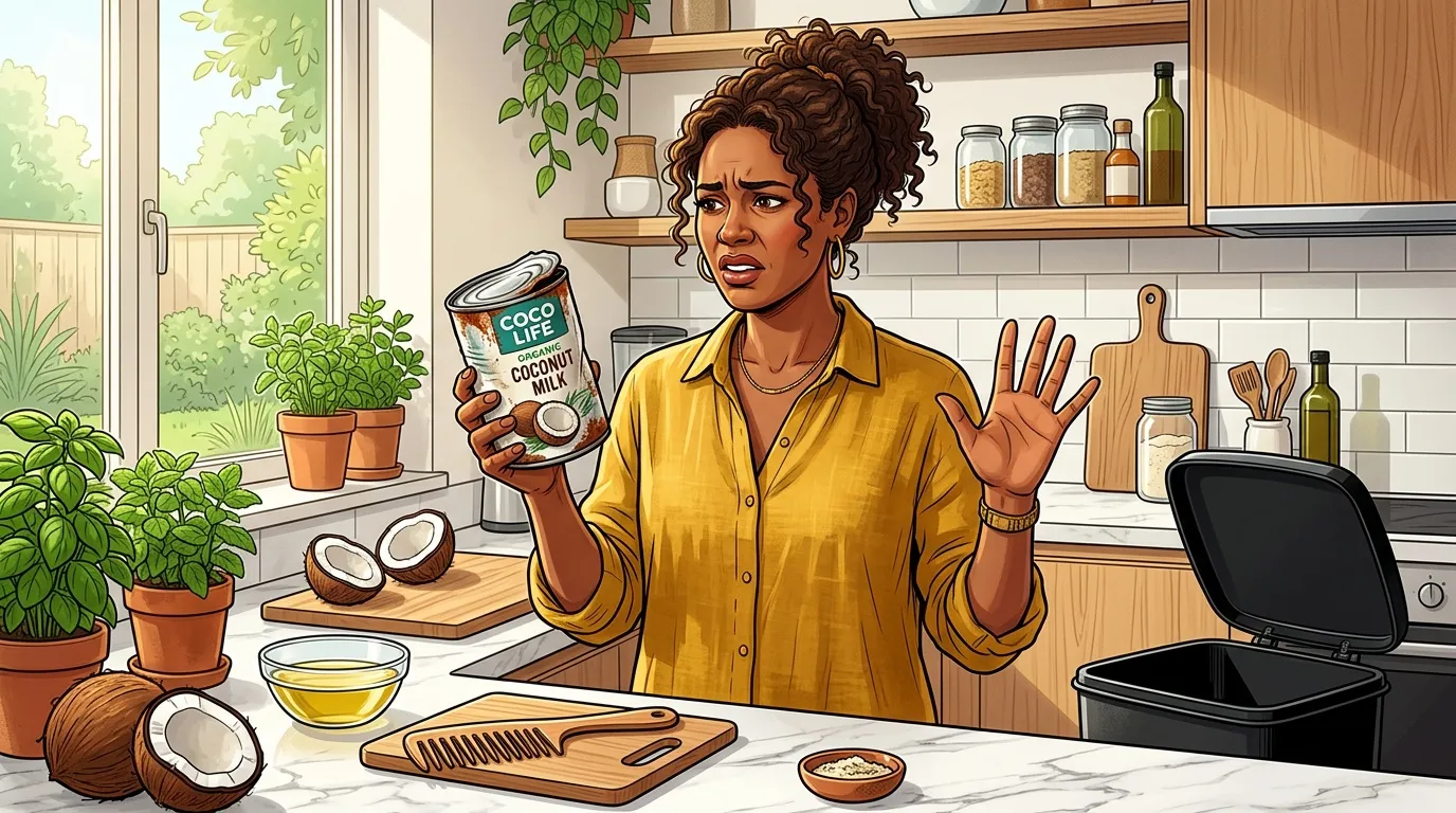 Femme présentant lait de coco en cuisine moderne