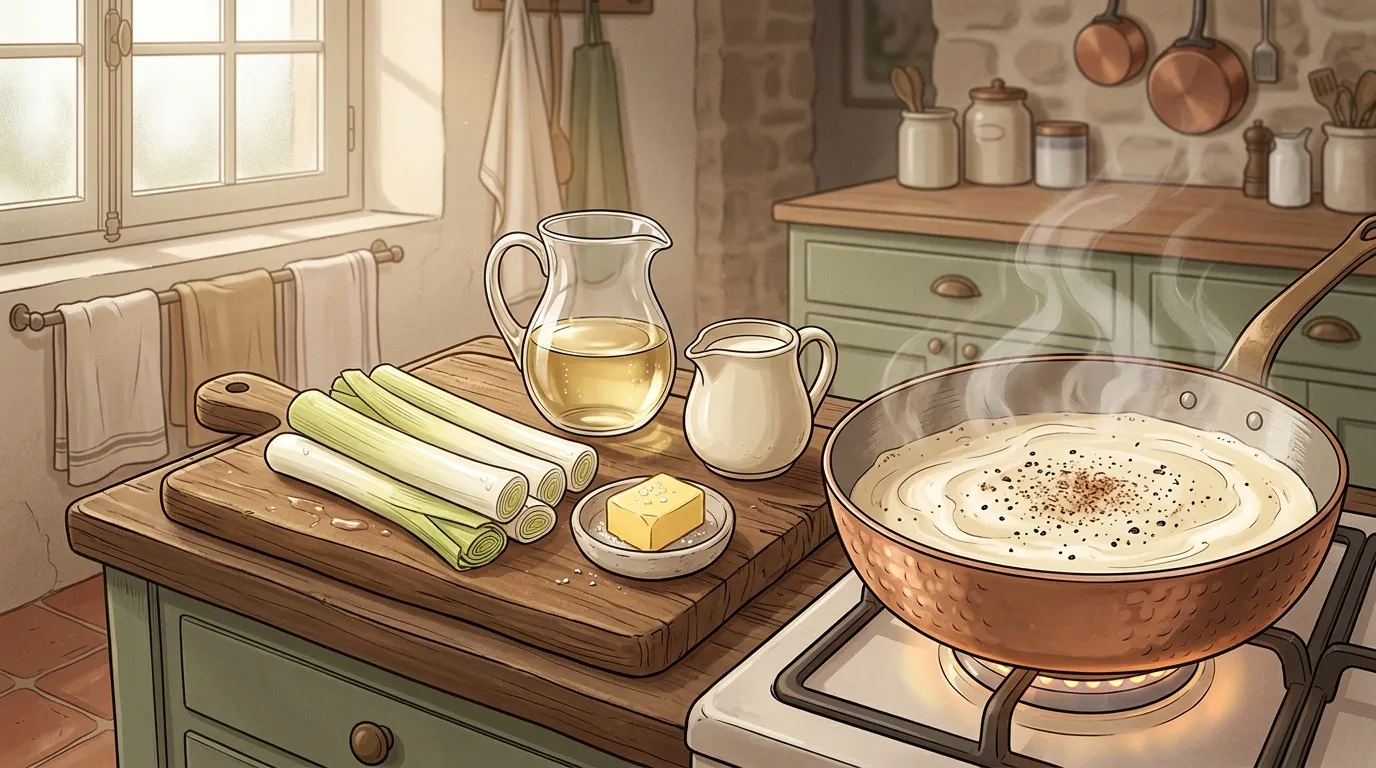 Cuisine rustique avec poêle, ingrédients et ustensiles de cuisine