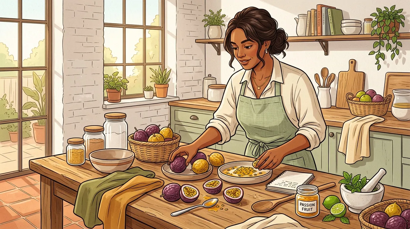 Femme préparant des fruits de la passion dans une cuisine lumineuse
