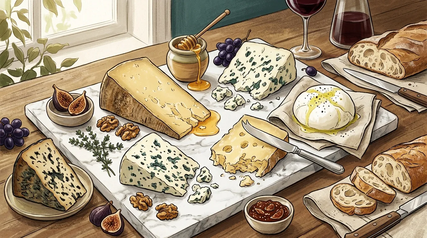 Assortiment de fromages, pain, fruits secs et vin rouge sur table