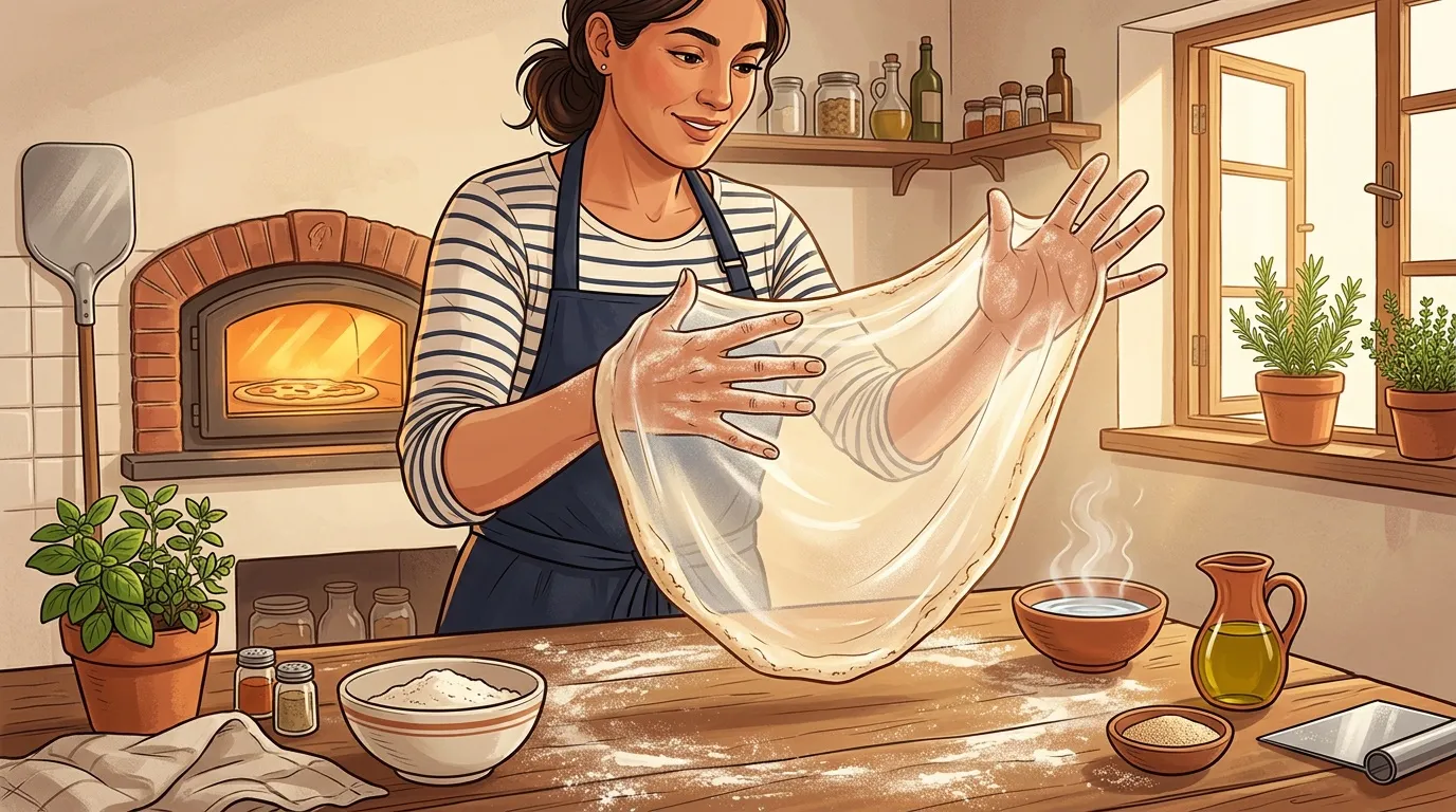 Femme boulanger étire la pâte à pain dans sa cuisine