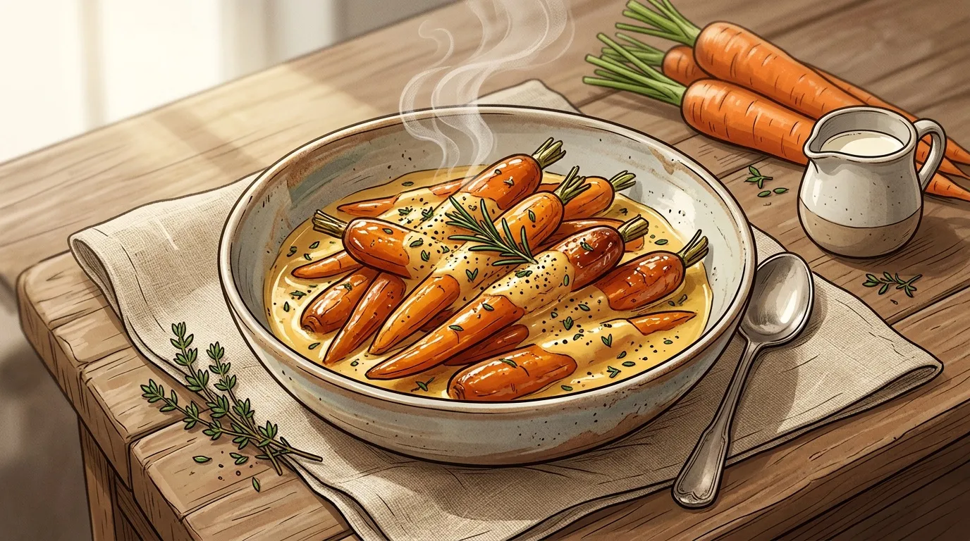 Carottes brais&eacute;es dans un plat avec sauce miel et herbes fra&icirc;ches